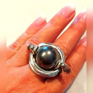 Uno de 50 Sterling Silver Oversized Chunky Grey Pearl Ring Size 7